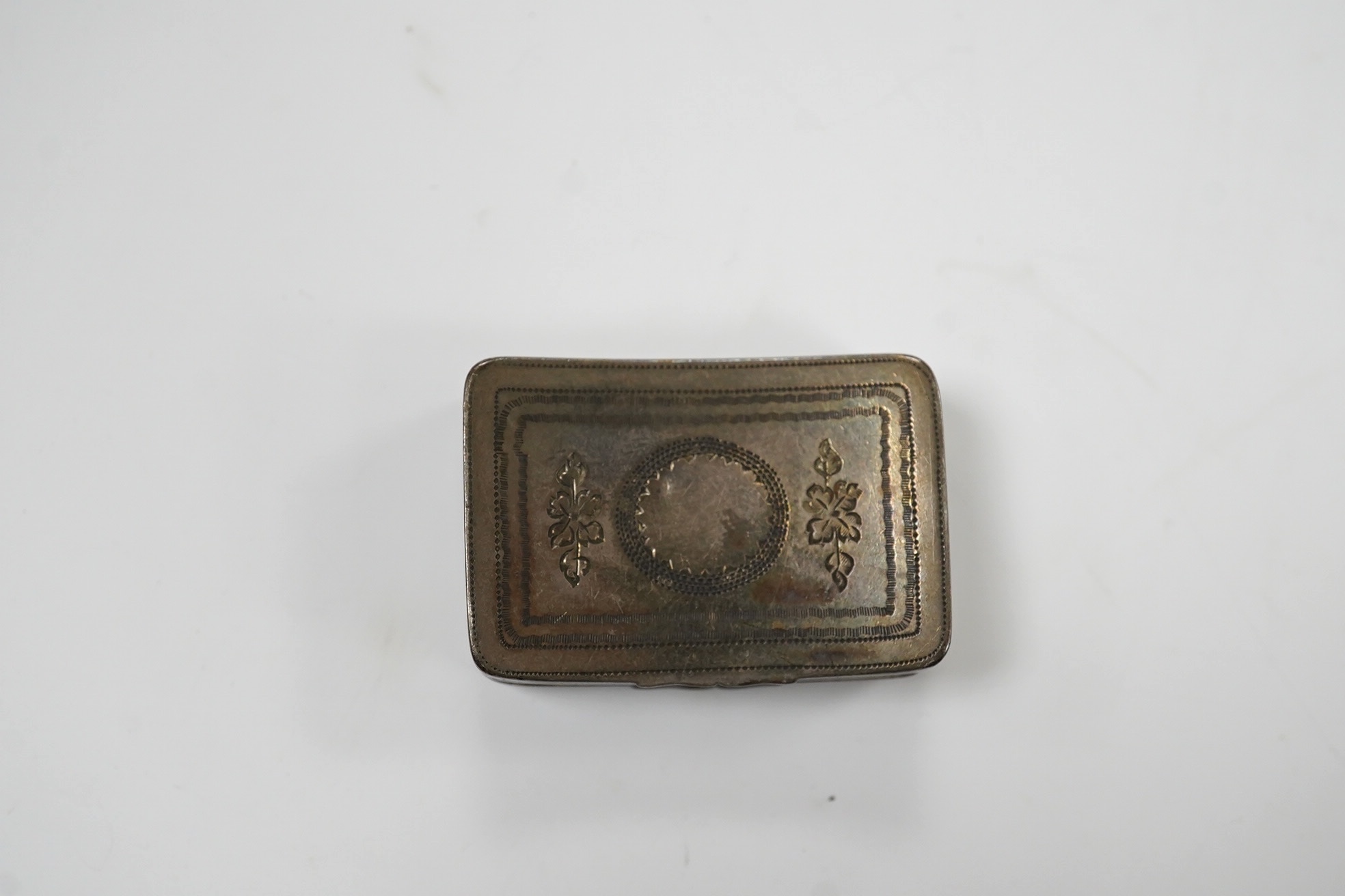 A George III silver concave vinaigrette, by Joseph Wilmore, Birmingham, 1812, 34mm, engraved 'L'Amitie'. Condition - poor to fair